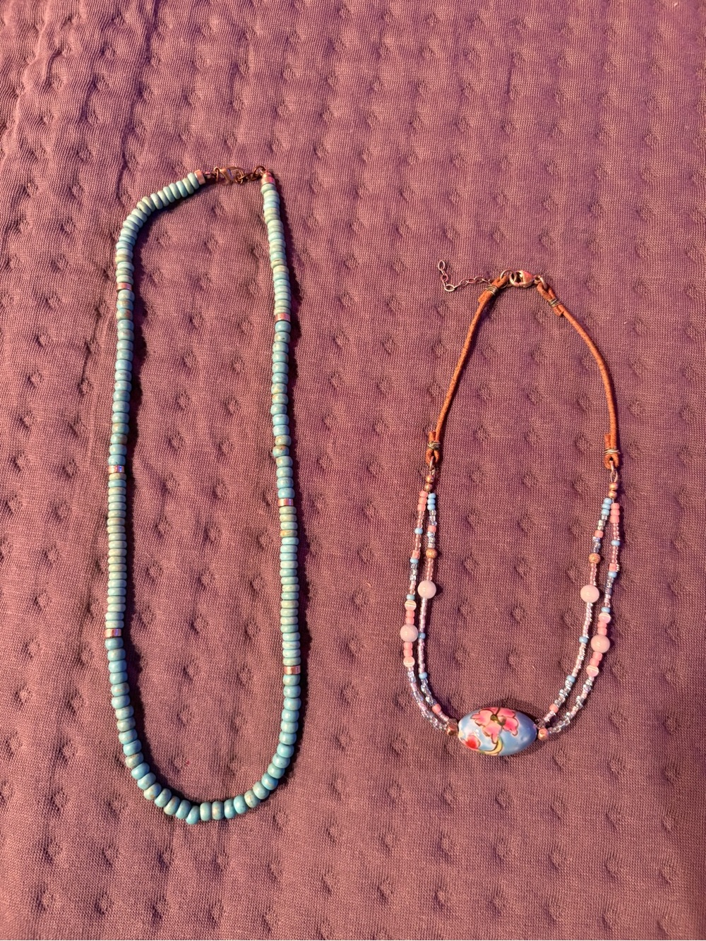 Blue wood  Beaded Necklace with Floral Accent necklace both vintage